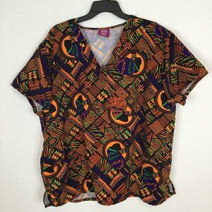 Divine Scrub Top Women 3X Multicolor African Print Pockets Short Sleeve V-Neck